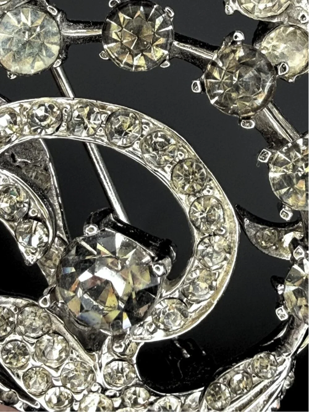 Vintage Crystal Rhinestone Brooch Pin Silver Tone Statement Swirl Jewelry